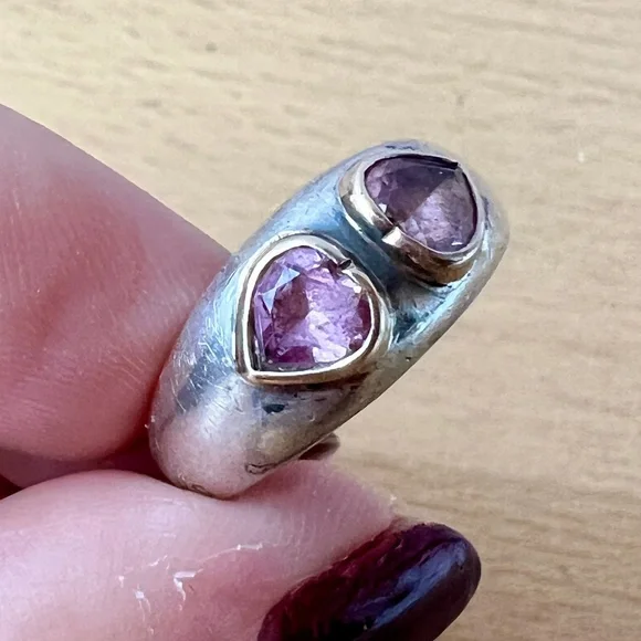 VINTAGE 925 STERLING SILVER DOUBLE AMETHYST HEART WIDE BAND RING VALENTINES LOVE - Picture 16 of 16